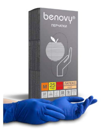 Купить Перчатки латексные нестерильные неопудренные  повышенной прочности синие BENOVY, 25 пар