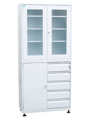 Шкаф для медикаментов металл, двухстворчатый, дверцы стекло/металл, 5 ящиков, 400*850*1850 мм